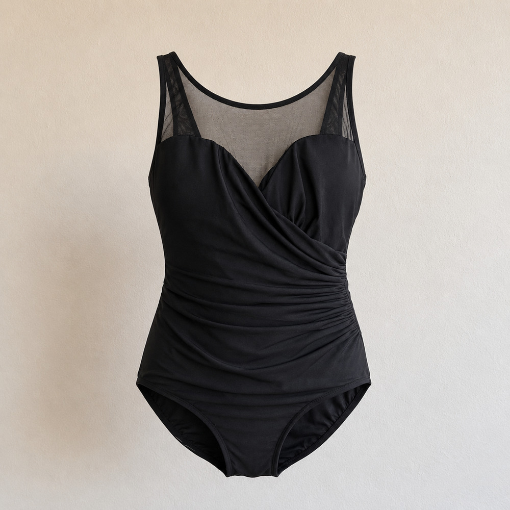 Maxine of Hollywood Vintage Mesh One Piece Swimsuit Black Ruch Tummy Control 12